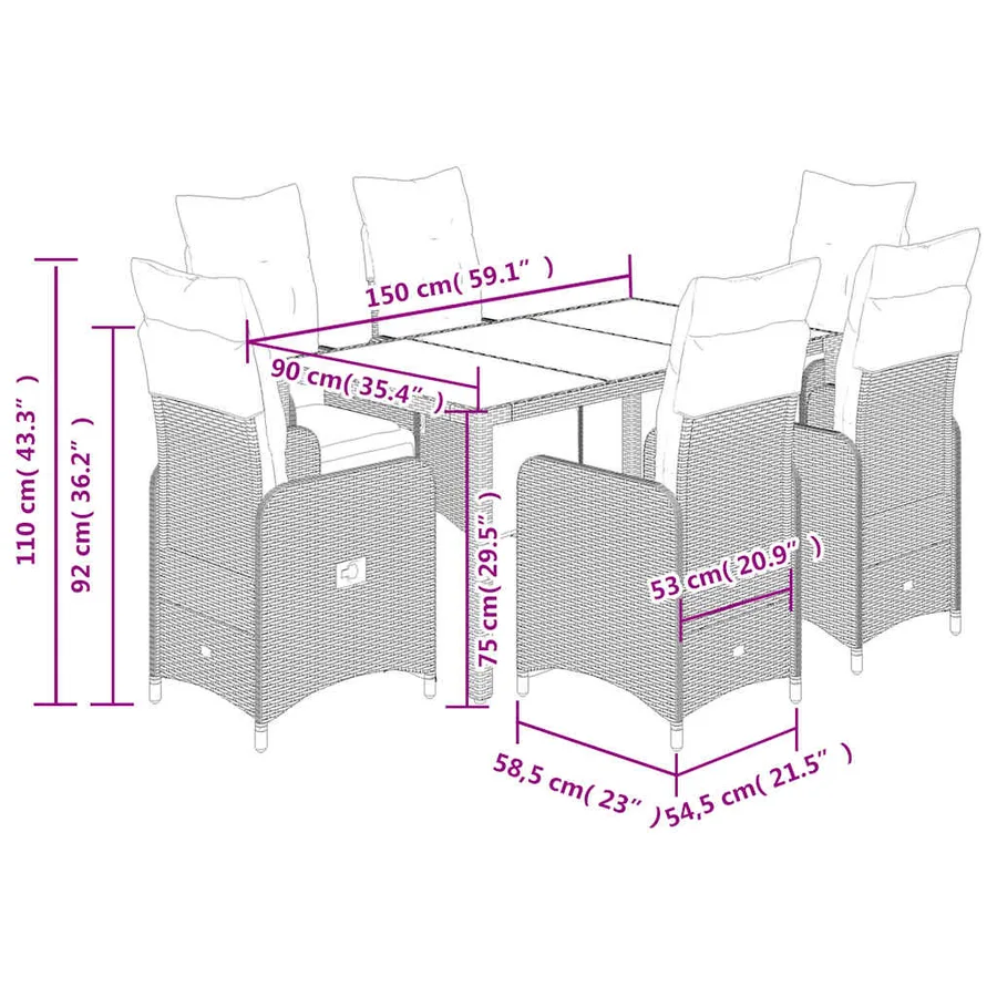 Ensemble de bistro de jardin 7 pcs coussins marron poly rotin - 7