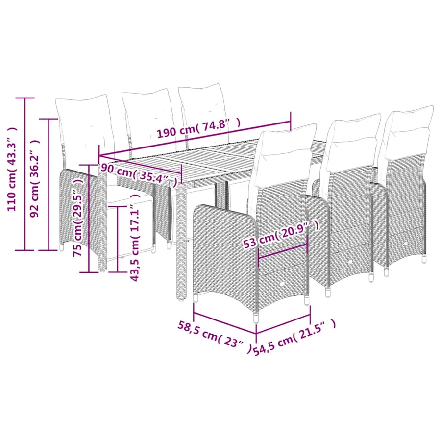 Ensemble de bistro de jardin 7 pcs coussins gris poly rotin - 7