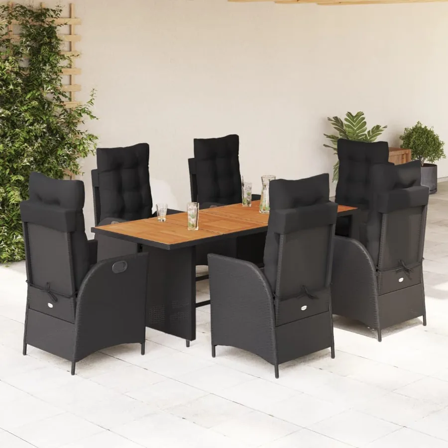 Ensemble à manger de jardin coussins 7pcs Noir Résine tressée