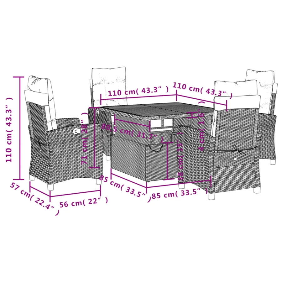 Ensemble à manger de jardin avec coussins 5pcs Beige poly rotin - 8
