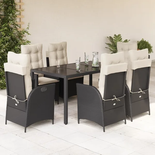 Ensemble à manger de jardin coussins 7pcs Noir Résine tressée