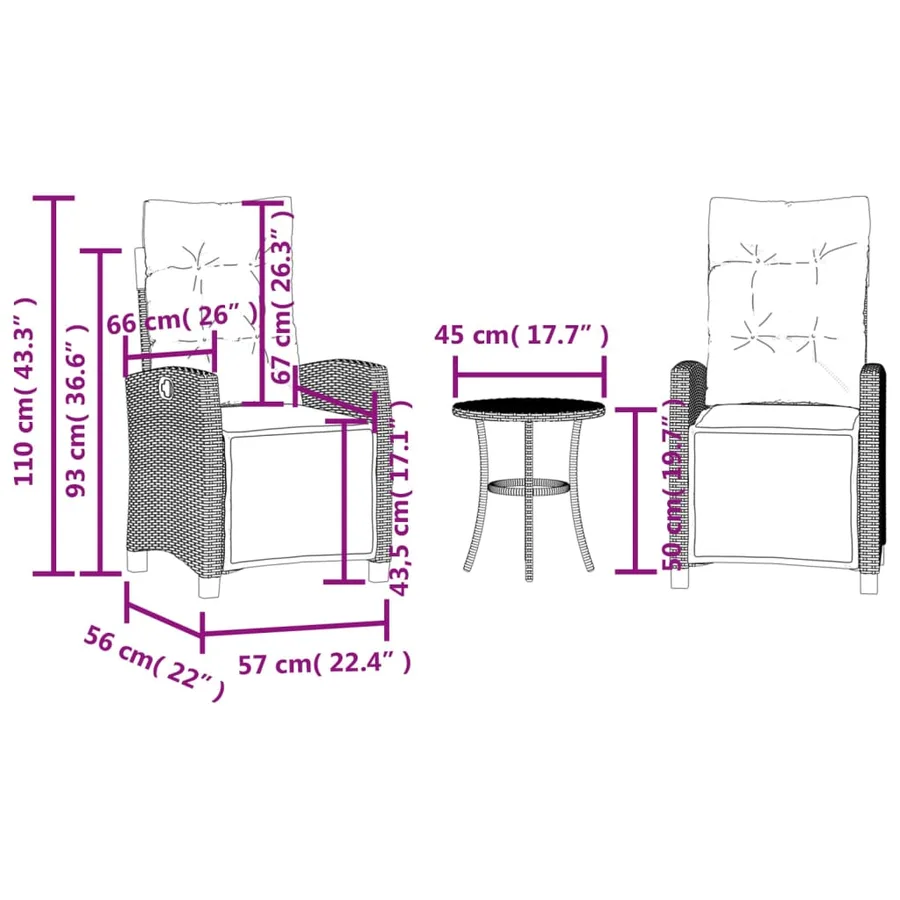 Ensemble de bistro 3 pcs avec coussins beige résine tressée - 15