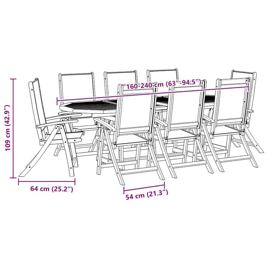 Ensemble à manger de jardin 9pcs bois d'acacia solide textilène - 13