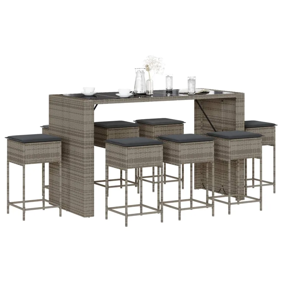 Ensemble de bar de jardin 9 pcs avec coussins gris poly rotin