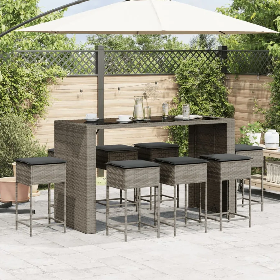 Ensemble de bar de jardin 9 pcs avec coussins gris poly rotin - 3