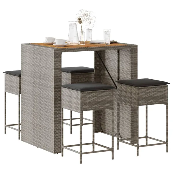 Ensemble de bar de jardin 5 pcs avec coussins gris poly rotin