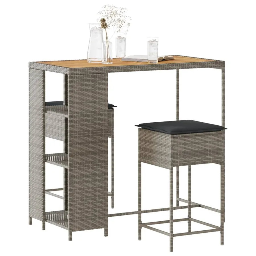 Ensemble de bar de jardin 3 pcs et coussins gris résine tressée