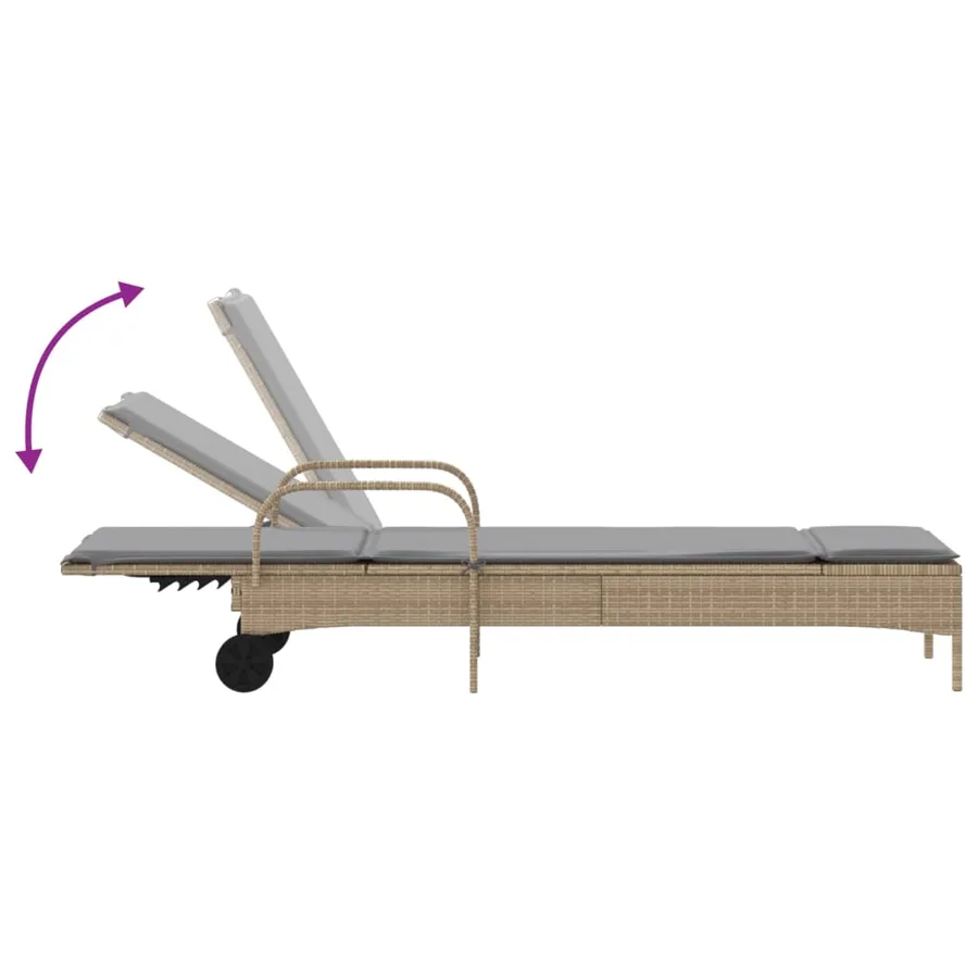 Chaise longue avec roues et coussin beige résine tressée - 7