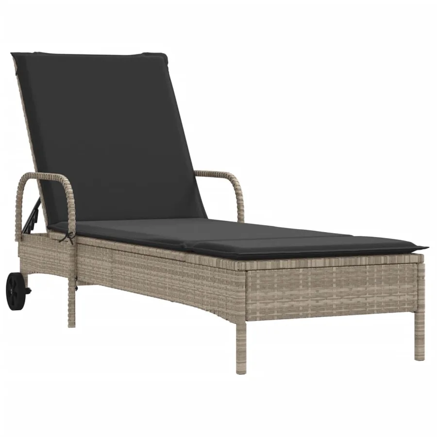 Chaise longue avec roues et coussins gris clair résine tressée - 2