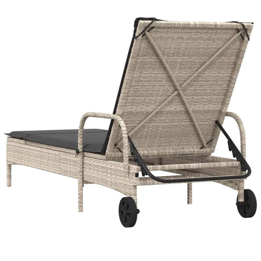 Chaise longue avec roues et coussins gris clair résine tressée - 6
