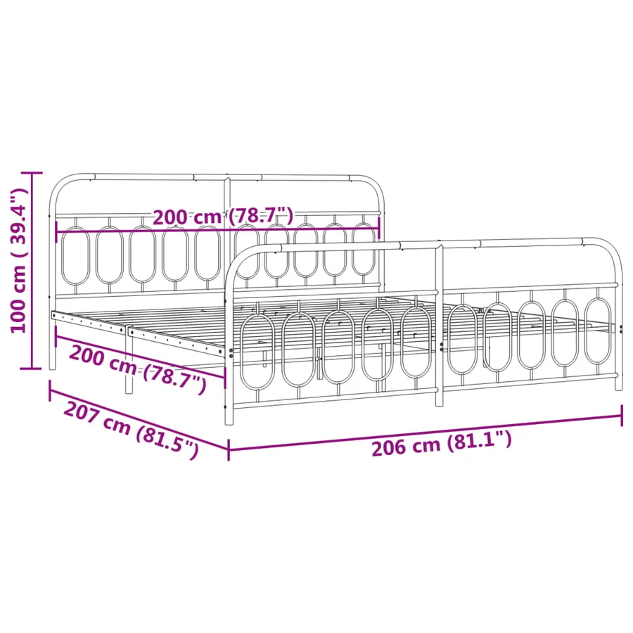 Cadre de lit métal sans matelas et pied de lit blanc 200x200 cm - 8