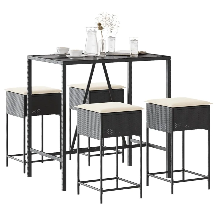 Ensemble de bar de jardin 5 pcs avec coussins noir poly rotin