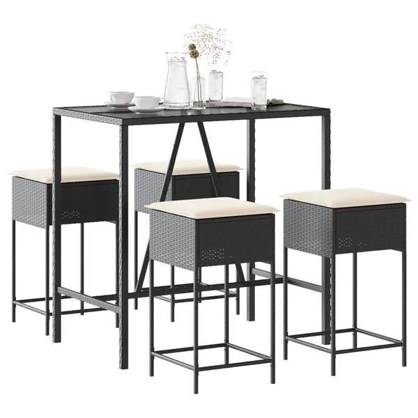 Ensemble de bar de jardin 5 pcs avec coussins noir poly rotin
