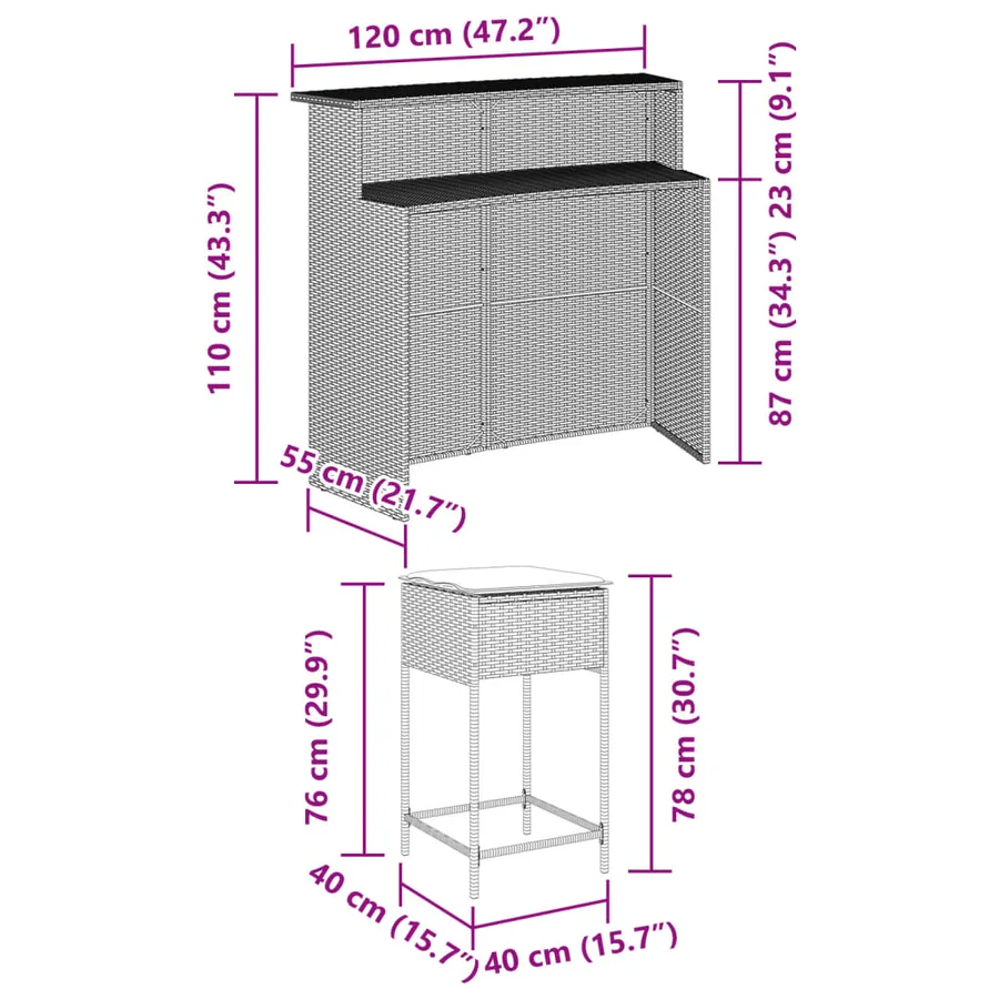 Ensemble de bar de jardin 5 pcs avec coussins noir poly rotin - 8