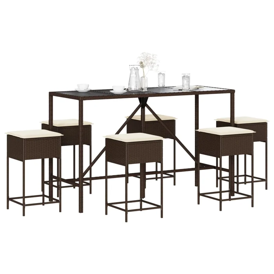 Ensemble de bar de jardin avec coussins 7 pcs marron poly rotin