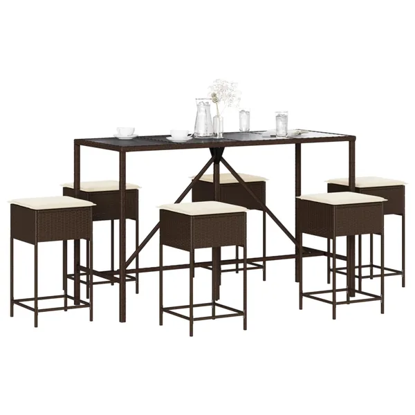 Ensemble de bar de jardin avec coussins 7 pcs marron poly rotin