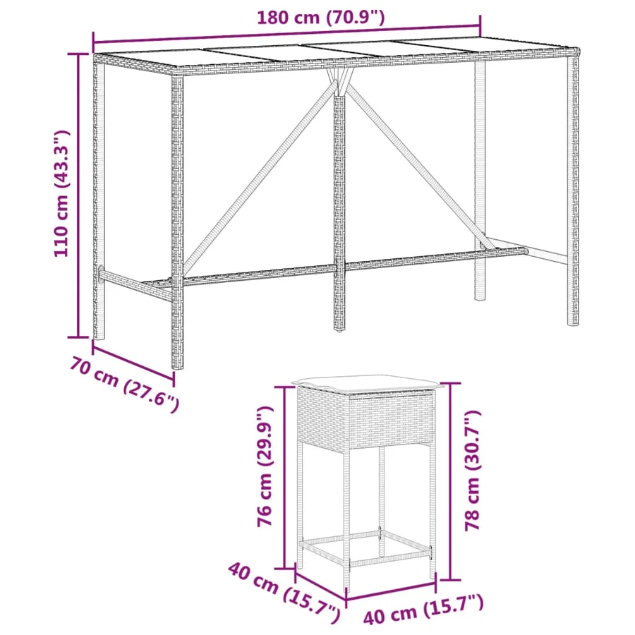 Ensemble de bar de jardin avec coussins 7 pcs marron poly rotin - 8