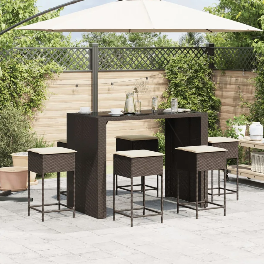Ensemble de bar de jardin avec coussins 7 pcs marron poly rotin - 3