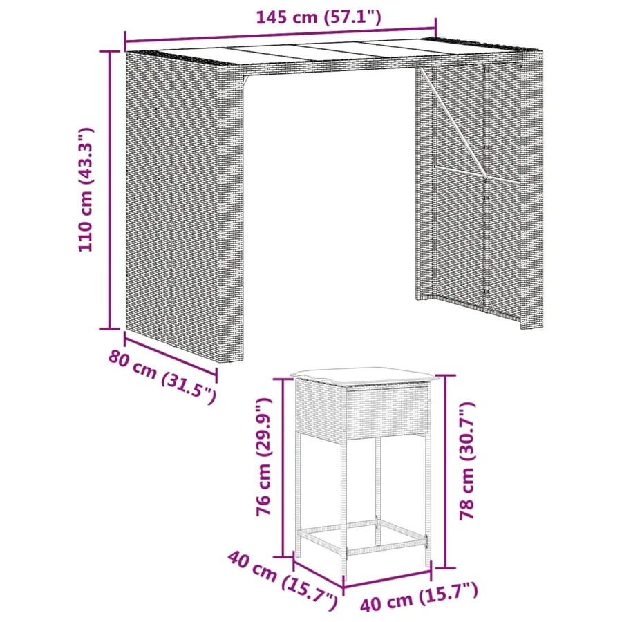 Ensemble de bar de jardin avec coussins 7 pcs marron poly rotin - 8