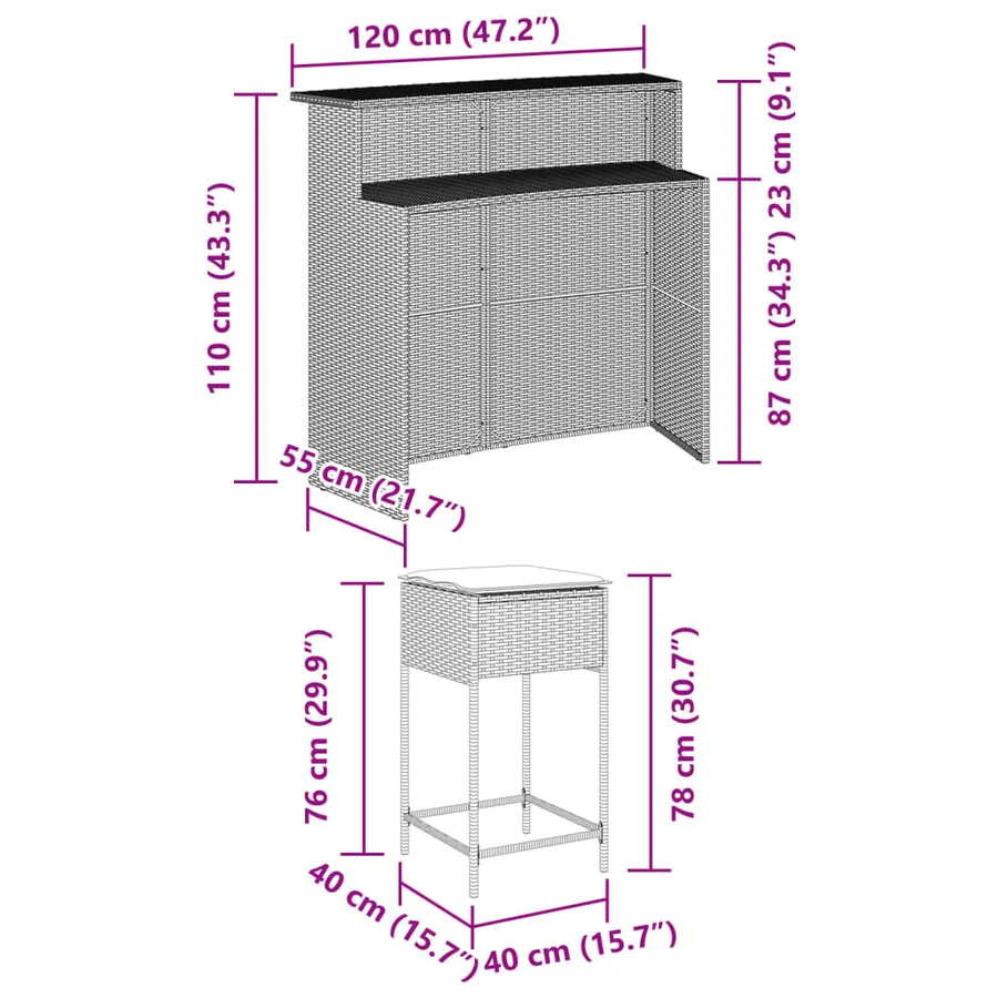 Ensemble de bar de jardin avec coussins 5 pcs marron poly rotin - 8