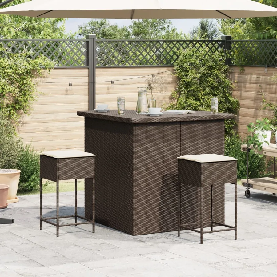 Ensemble de bar de jardin 3 pcs et coussins brun résine tressée - 3