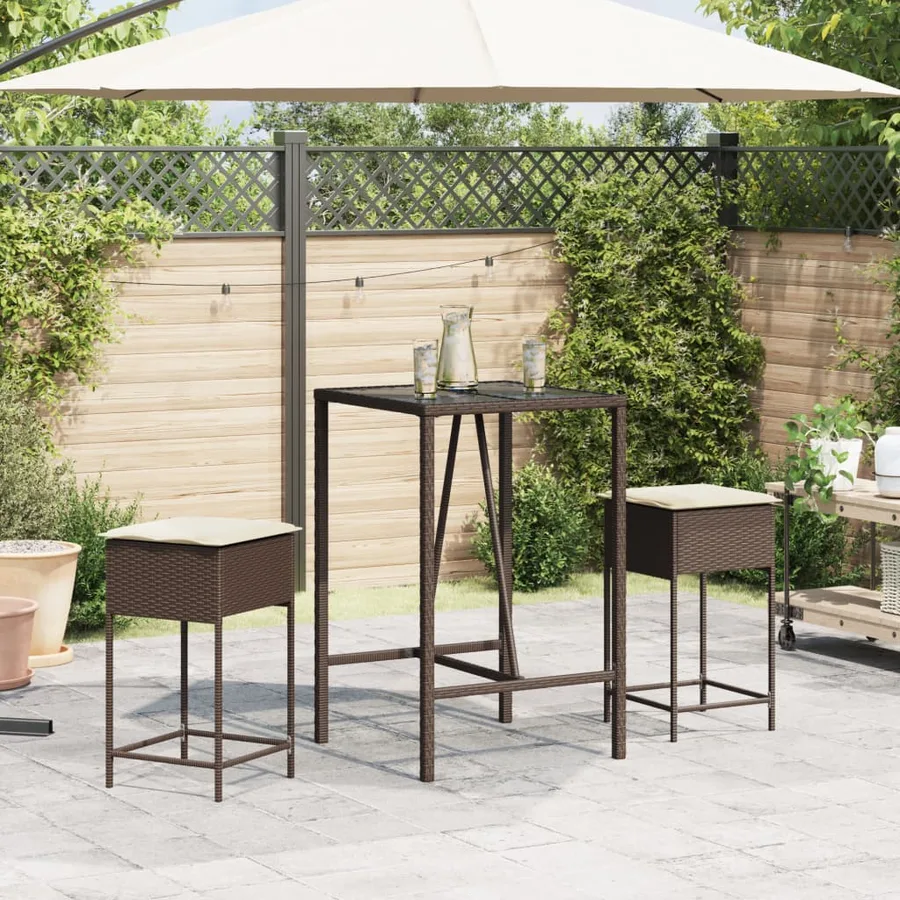 Ensemble de bar de jardin 3 pcs et coussins brun résine tressée - 3