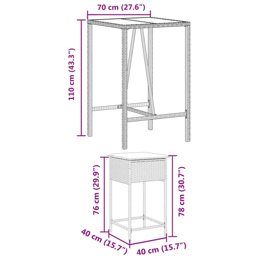 Ensemble de bar de jardin 3 pcs et coussins brun résine tressée - 8