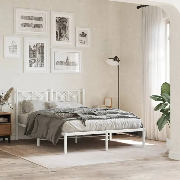 Cadre de lit métal sans matelas et tête de lit blanc 135x190 cm