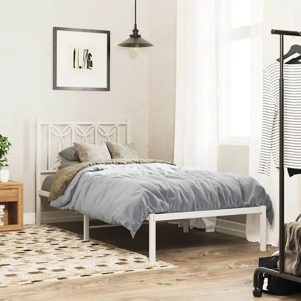 Cadre de lit métal sans matelas avec tête de lit blanc 90x190cm