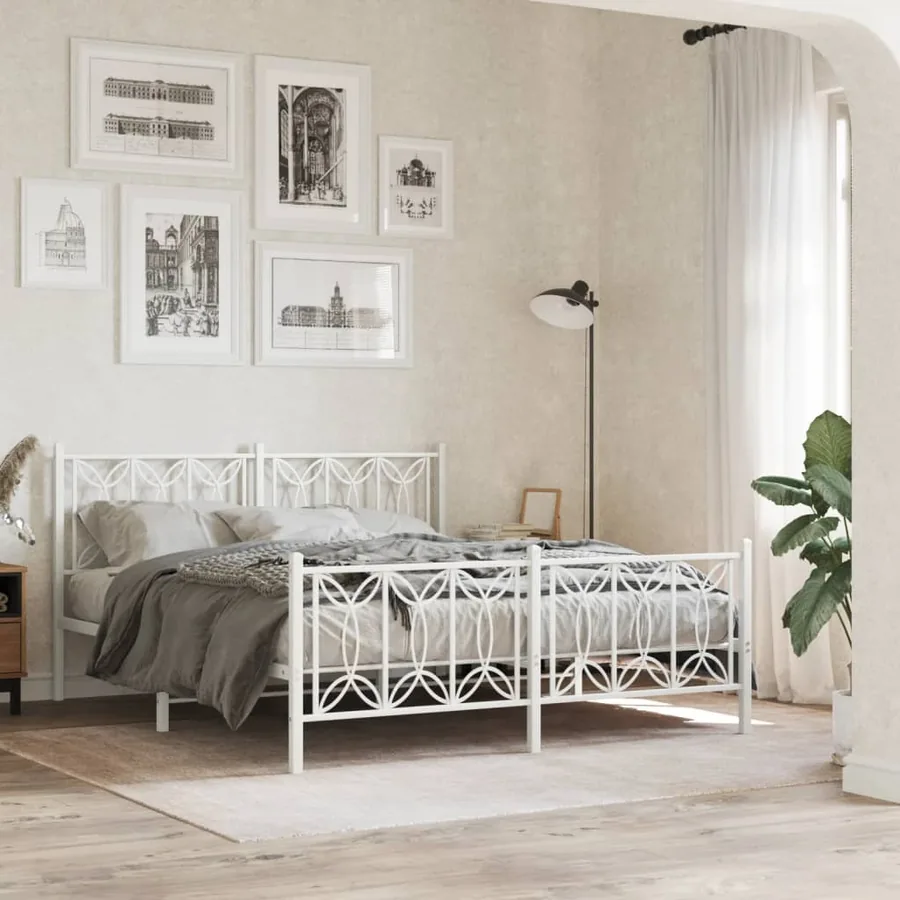 Cadre de lit métal sans matelas et pied de lit blanc 150x200 cm
