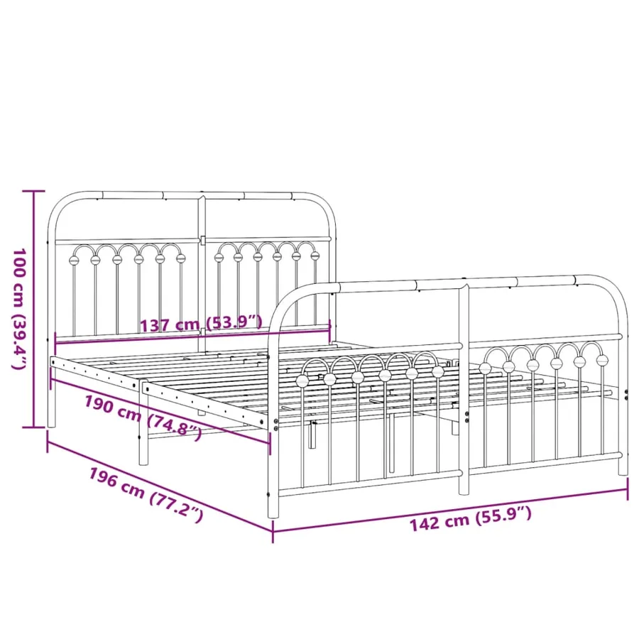 Cadre de lit métal sans matelas et pied de lit blanc 137x190 cm - 8