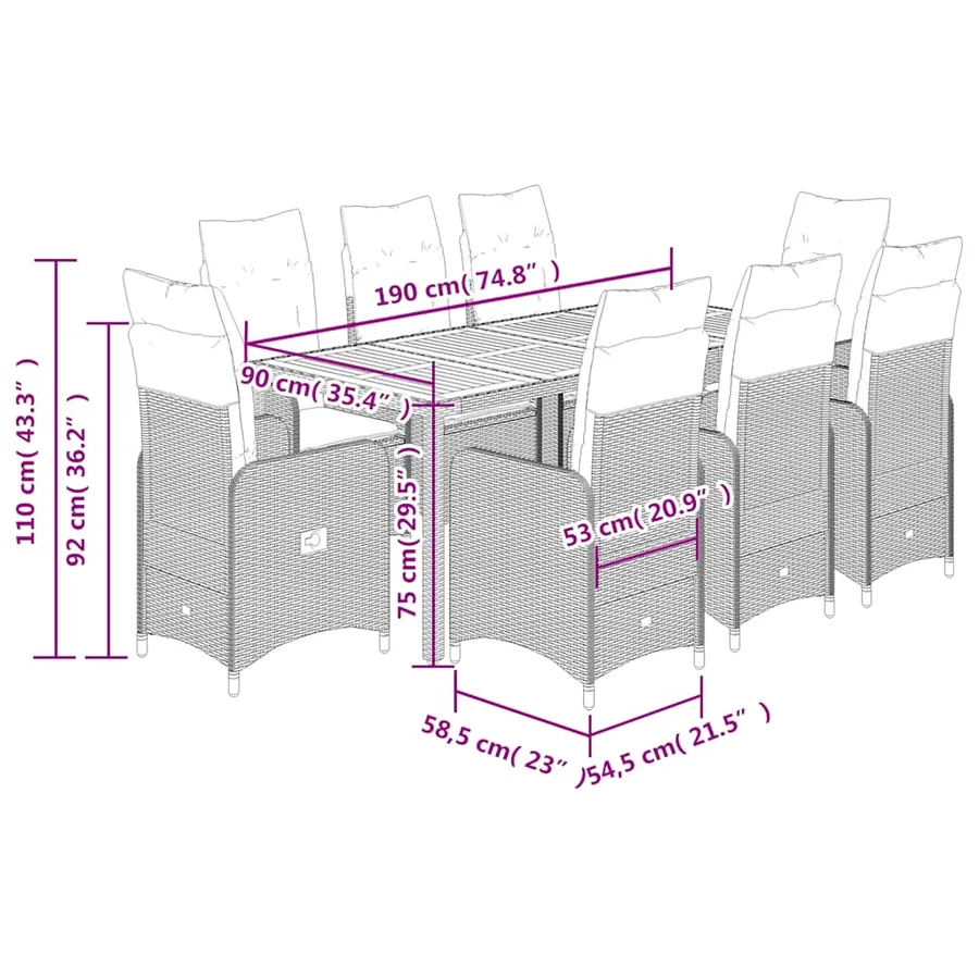 Ensemble de bistro de jardin 9 pcs coussins gris poly rotin - 7