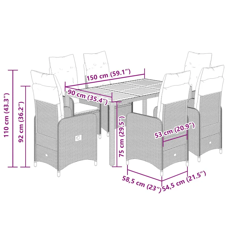 Ensemble de bistro de jardin 7 pcs coussins gris poly rotin - 12