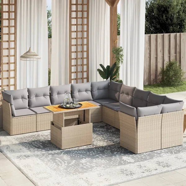 Salon de jardin 11 pcs avec coussins beige résine tressée