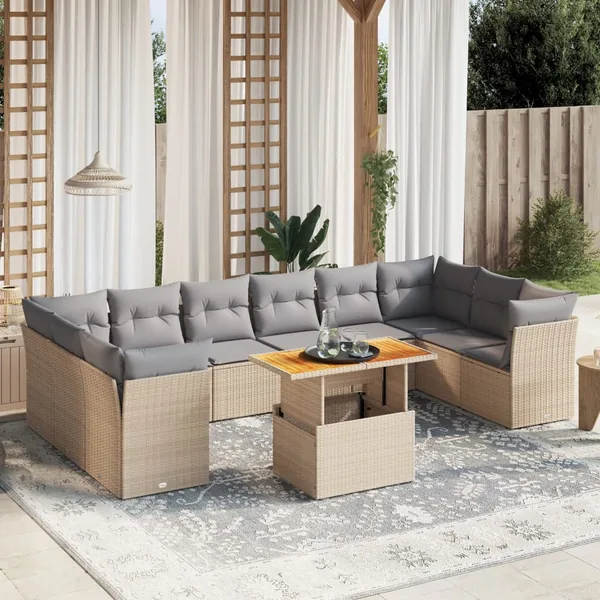 Salon de jardin 11 pcs avec coussins beige résine tressée