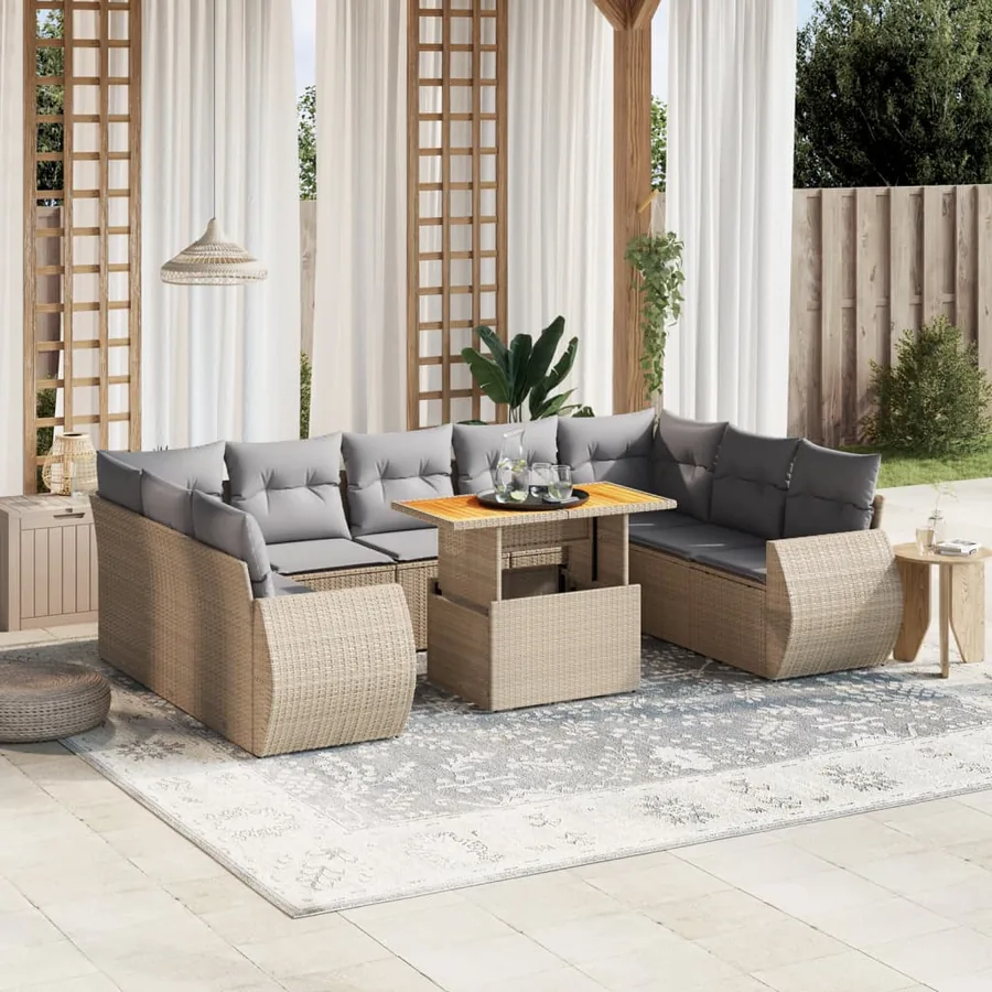Salon de jardin avec coussins 10 pcs beige résine tressée