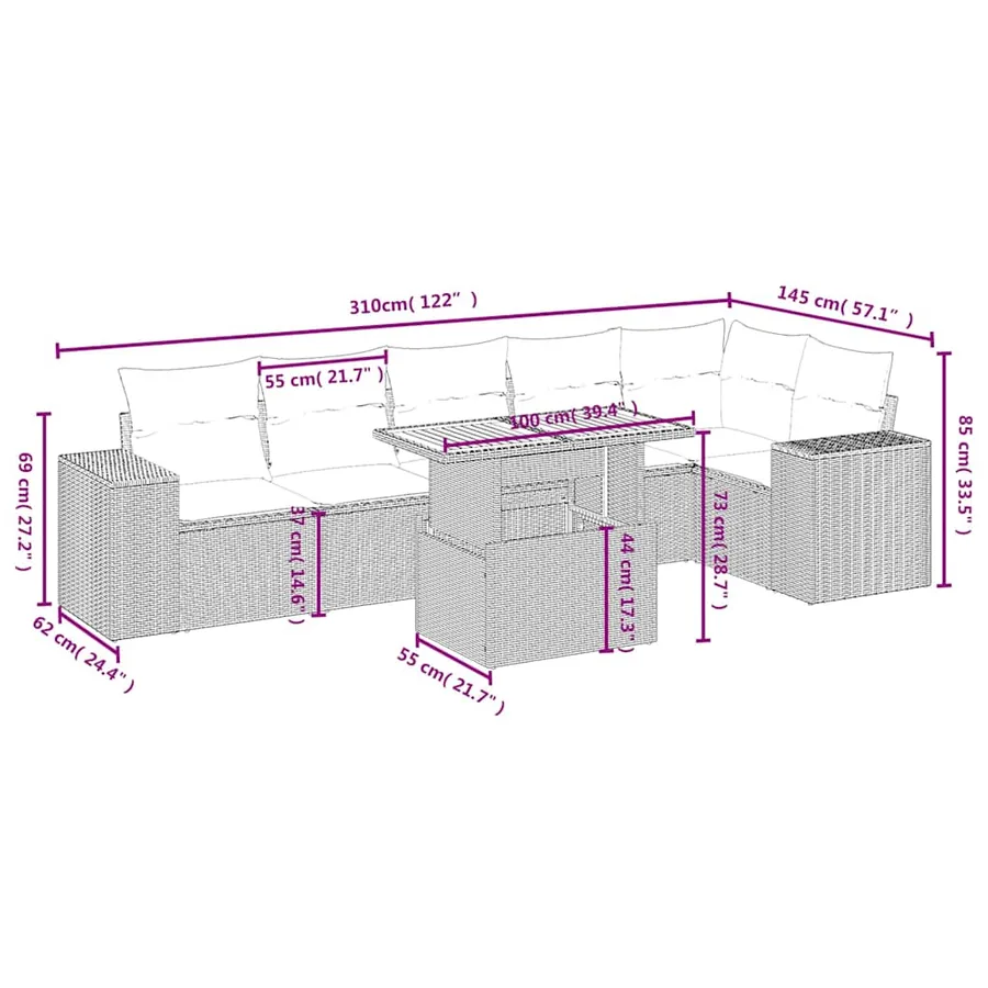Salon de jardin avec coussins 7 pcs beige résine tressée - 3