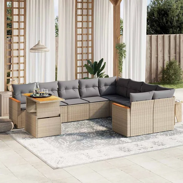 Salon de jardin avec coussins 10 pcs beige résine tressée