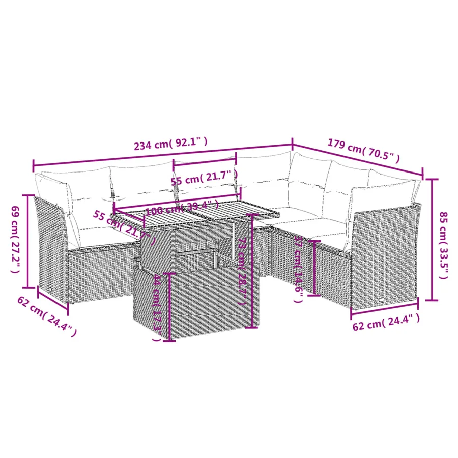 Salon de jardin avec coussins 7 pcs beige résine tressée - 3