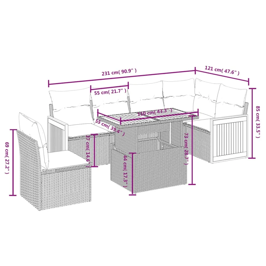 Salon de jardin avec coussins 7 pcs beige résine tressée - 3