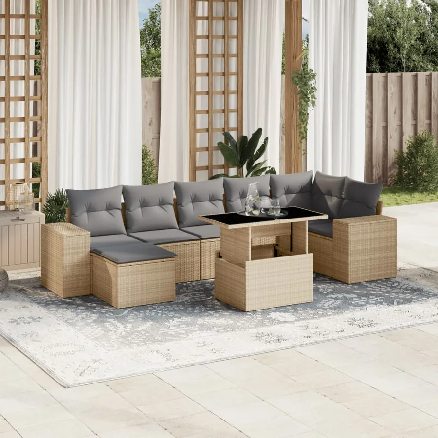 Salon de jardin avec coussins 8 pcs beige résine tressée