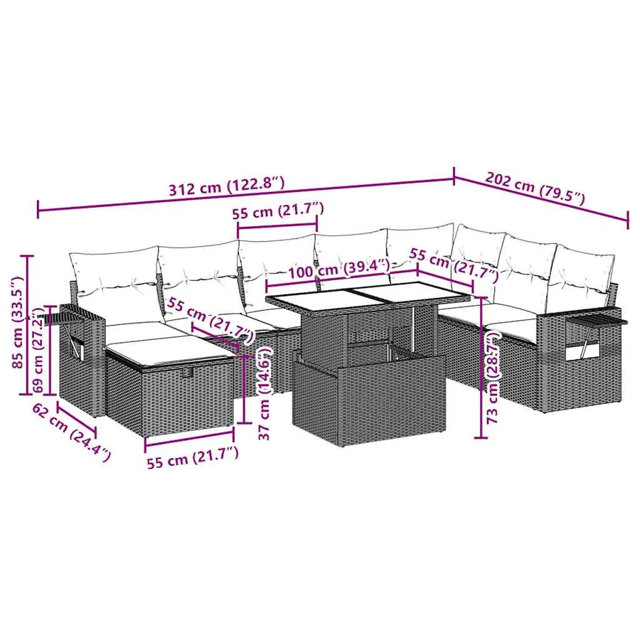 Salon de jardin avec coussins 9 pcs beige résine tressée - 14
