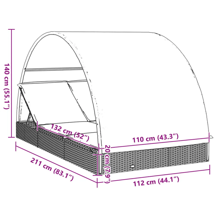 Transat 2 places avec toit rond noir 211x112x140 cm - 24