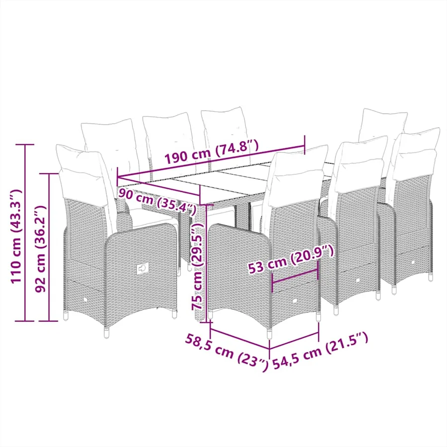 Ensemble de bistro de jardin 9 pcs coussins noir poly rotin - 7