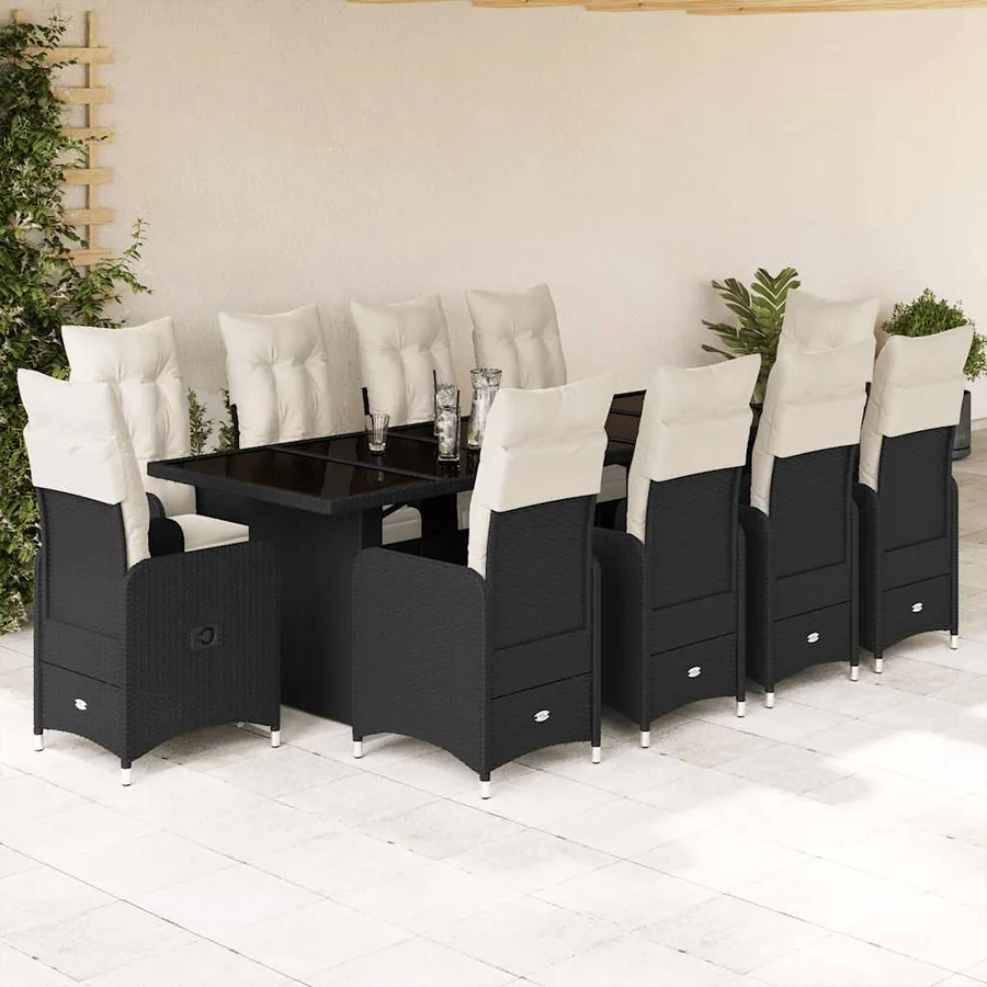 Ensemble de bistro de jardin 11 pcs coussins noir poly rotin