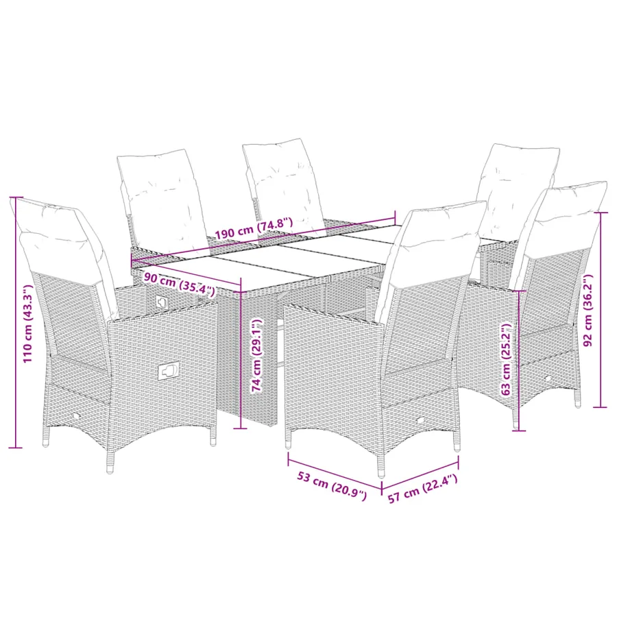 Ensemble à manger de jardin et coussins 7 pcs gris rotin - 7