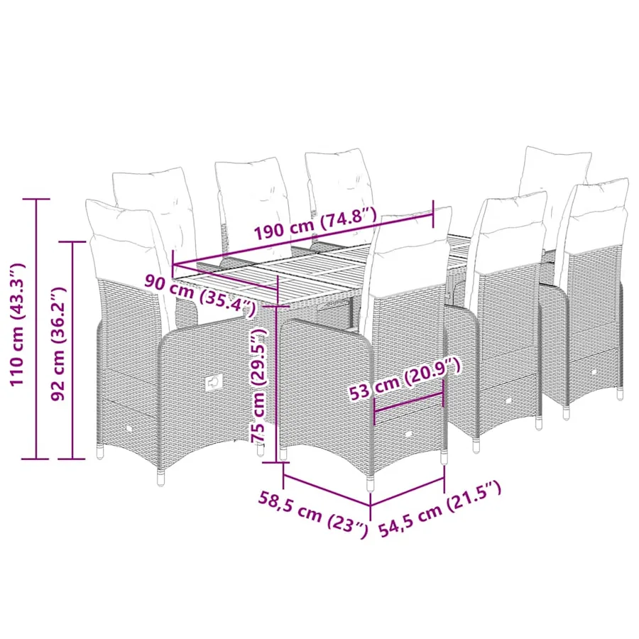 Ensemble de bistro de jardin 9 pcs coussins gris poly rotin - 8