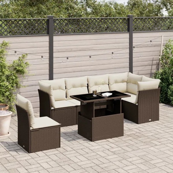 Salon de jardin avec coussins 7 pcs marron résine tressée