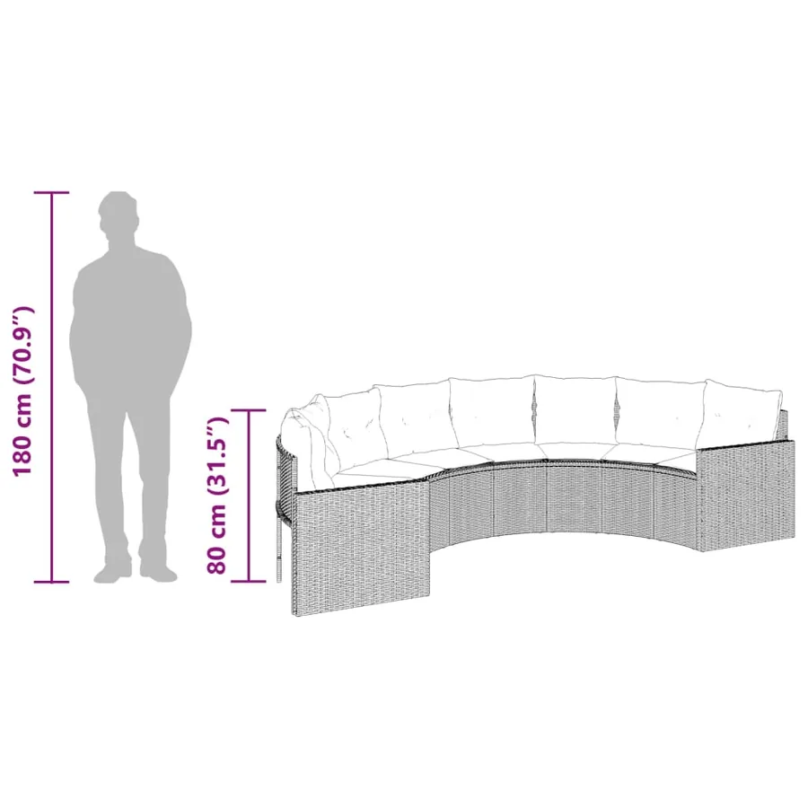 Canapé de jardin table coussins demi-rond gris résine tressée - 10