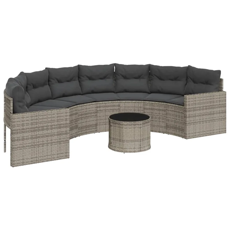Canapé de jardin table coussins demi-rond gris résine tressée - 2